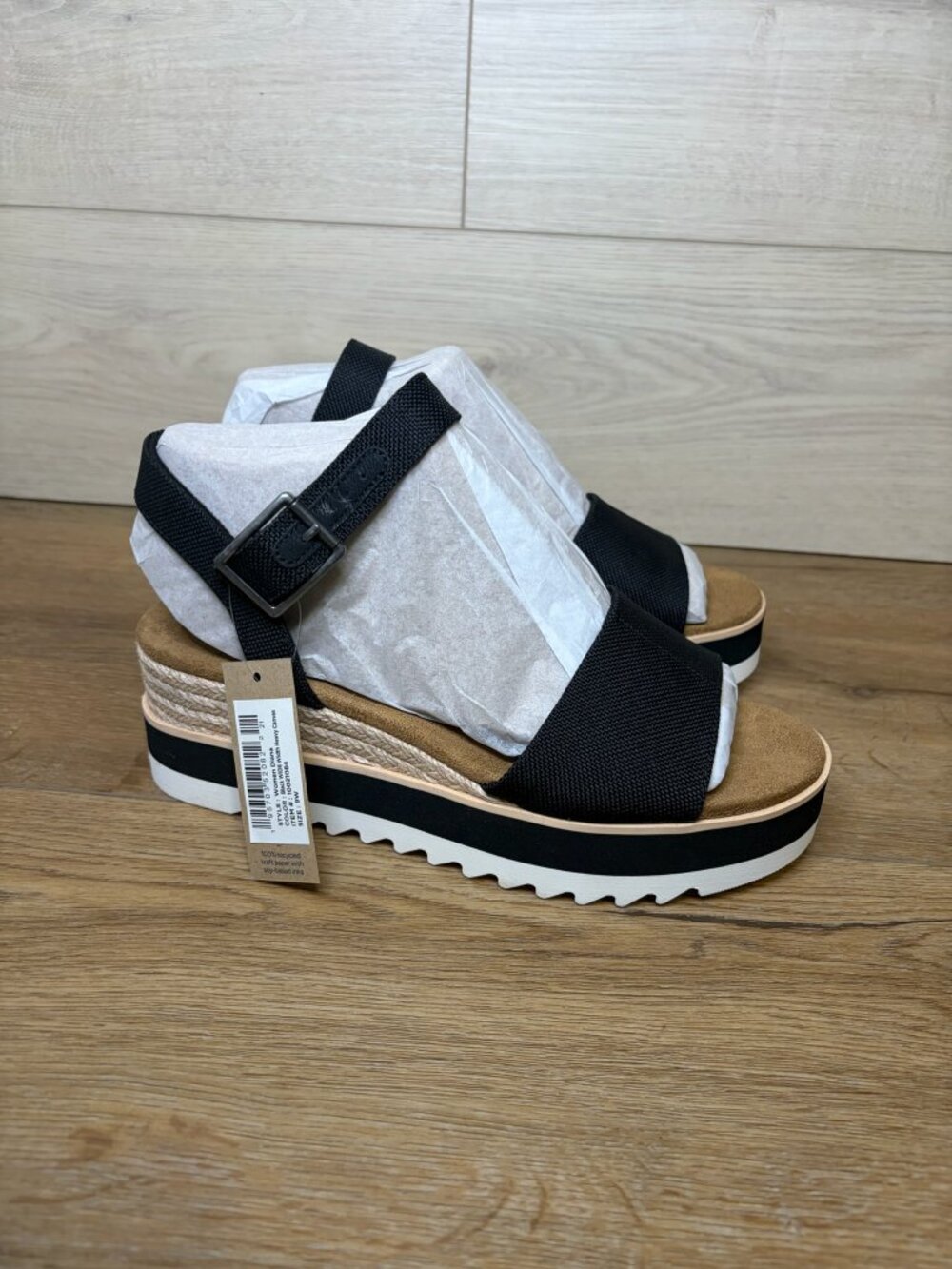 TOMS Diana Black Canvas Rope Wrapped Wedge Espadrilles 8W NWT